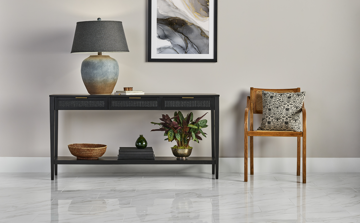 White marble tile with side table and bamboo chair, grey walls