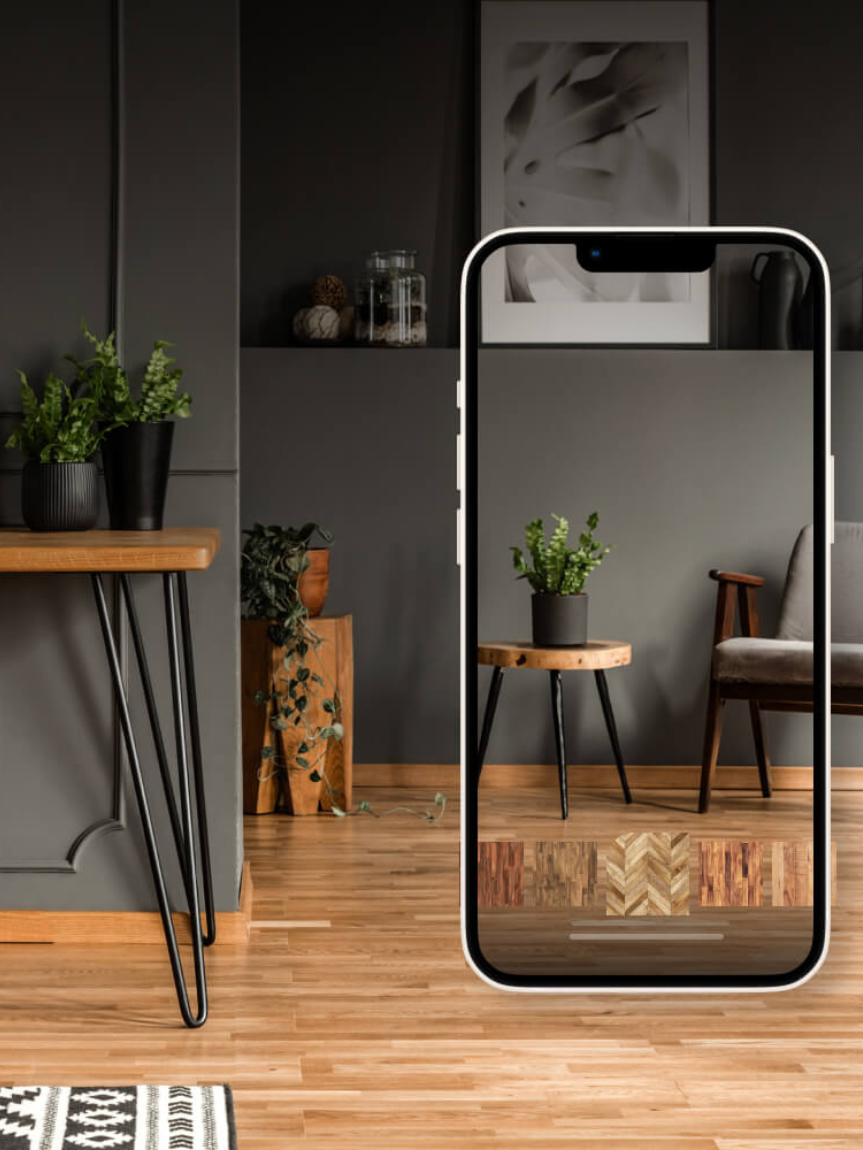 Room scene with mobile phone to show how our room visualizer tool works. 